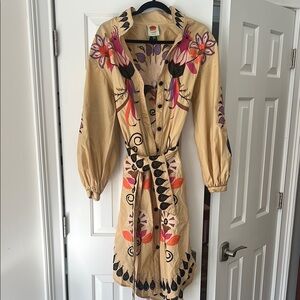 FARM Rio Tan Wrap Shirt Dress with 3/4 Bishop Sleeves and Notched Collar